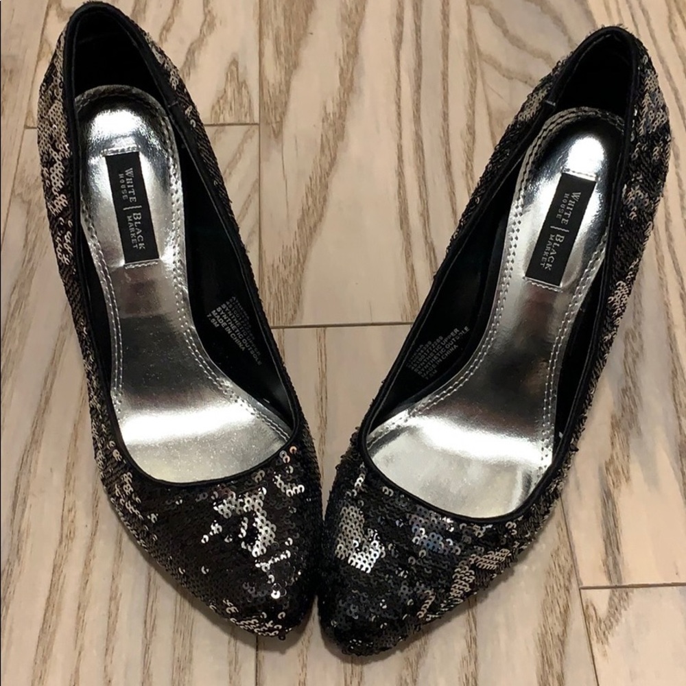WH|BM Black and Silver Sequined Pumps